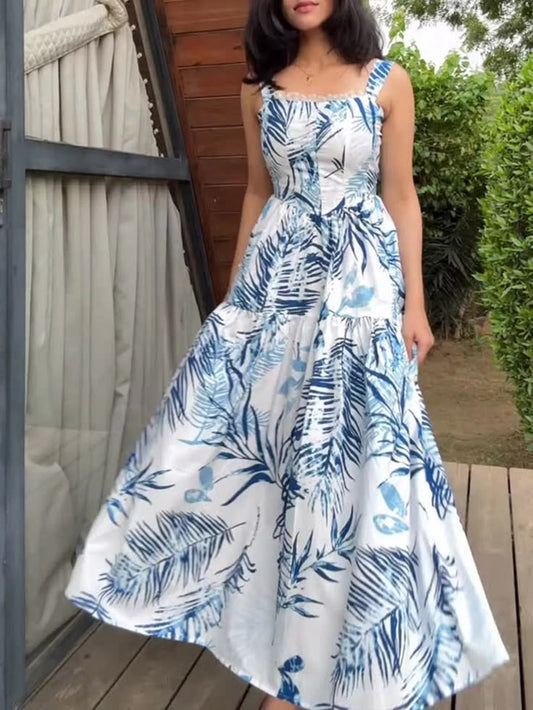 Tropical Print Tiered Maxi Dress - Blue / 2XL