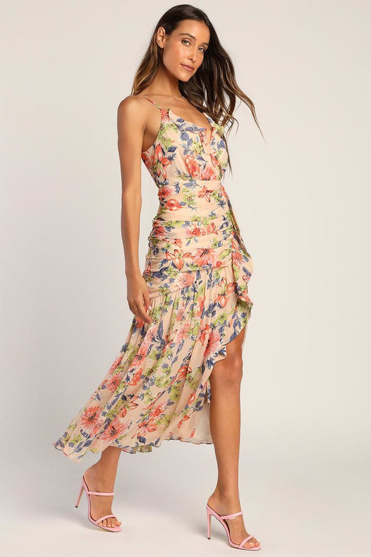Margot Floral Ruched Midi Dress in Blush