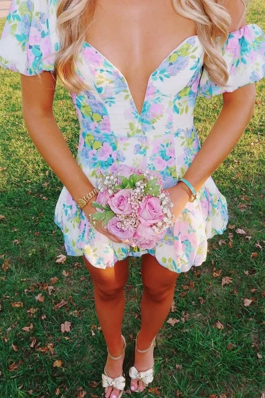 Stunning A Line Sweetheart Blue Printed Short Homecoming Dress with Bowknot - Light Blue / US4