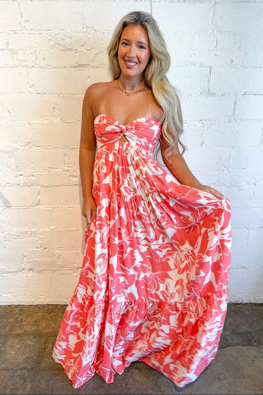 Fiery Floral Maxi Dress - Coral / Large