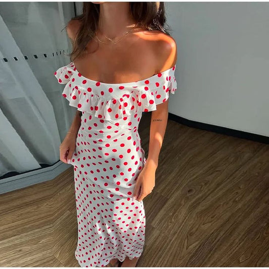 Cyflymder Slash Neck Polka Dot Printed Dress Women Color Blocking Design Elegant Fashion Casual Robe Versatile Off Shoul