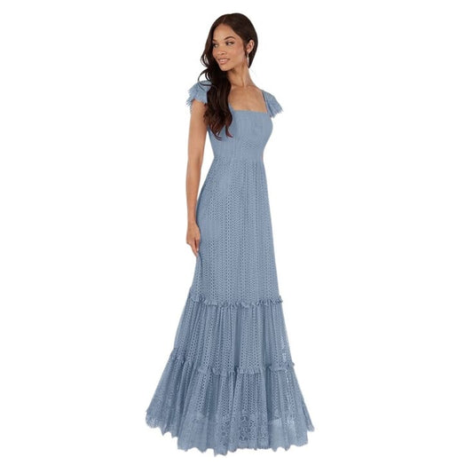 Azazie Dresses | Azazie Blue Ruffle Lace Gown Tie On Back Maxi Size 2 Nwt | Color: Blue | Size: 2
