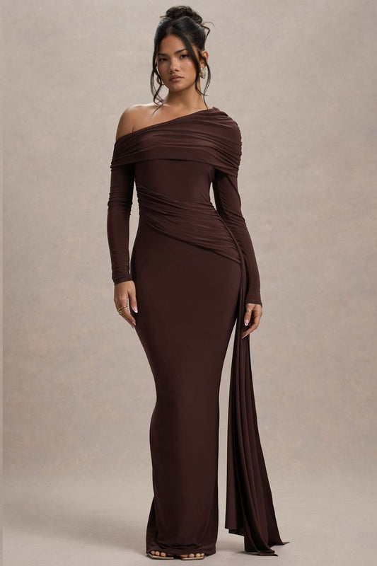 Valina | Brown Ruched Asymmetric Maxi Dress With Drape