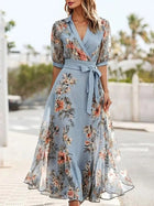 Light Mint Floral Wrap Midi Dress With Waist Tie | Color: Blue/Pink | Size: L