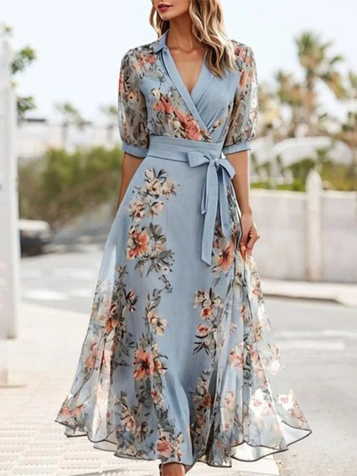 Light Mint Floral Wrap Midi Dress With Waist Tie | Color: Blue/Pink | Size: L