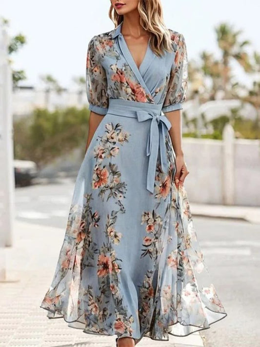 Light Mint Floral Wrap Midi Dress With Waist Tie | Color: Blue/Pink | Size: L
