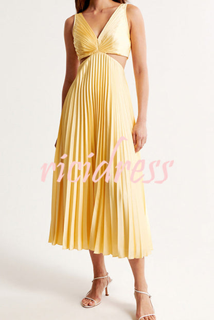Green Margot Linen Pleated Midi Dress