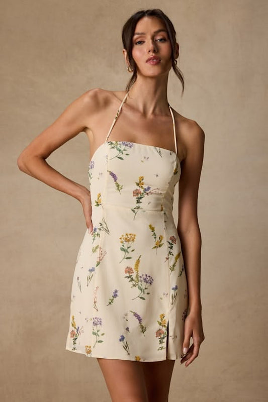 Margot Floral Lace-Up Halter Mini Dress