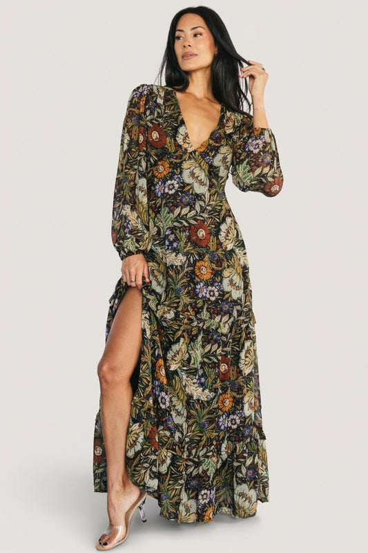 Arabella Deep V Maxi Dress in Multi Floral