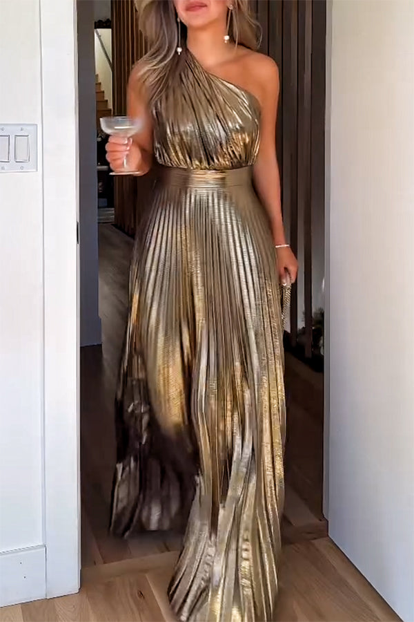 Gold Be My Guest Metallic Fabric Pleated One Shoulder Maxi Dress