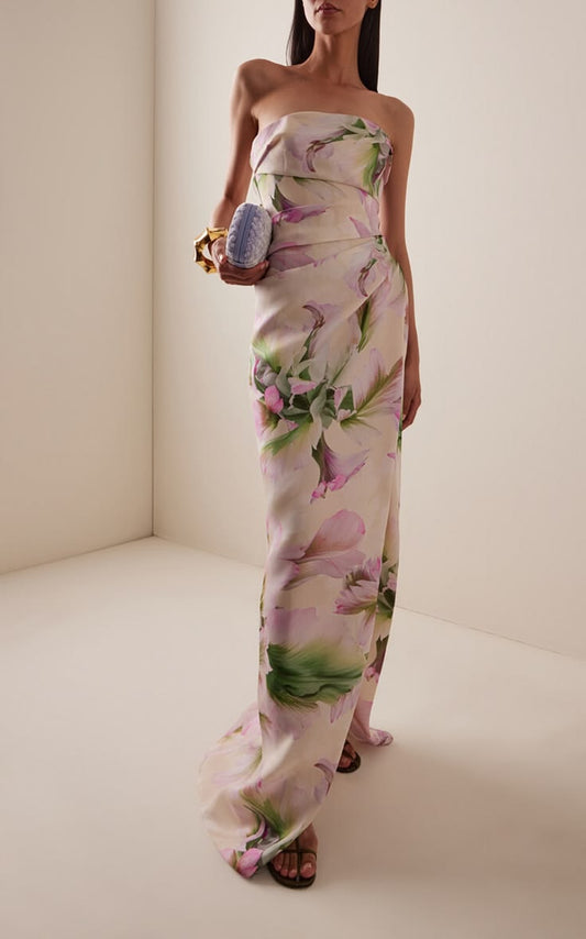 Margot Floral Silk Ruched Gown