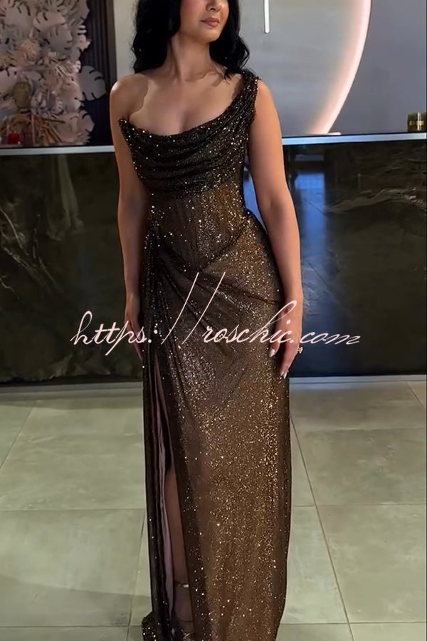 Black Vivienne Glitter One-Shoulder Maxi Dress