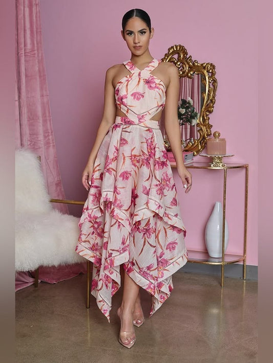 L'atiste Dresses | L'atiste Blush Pink Floral Handkerchief High-Low Halter Dress | Color: Pink/White | Size: L