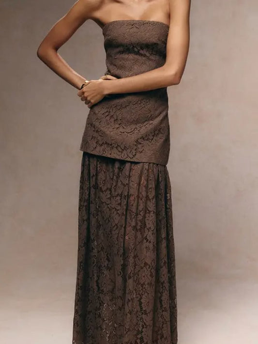 Brown Lace Sheer Skirt Panel Bandeau Maxi Dress | Color: Brown | Size: 4