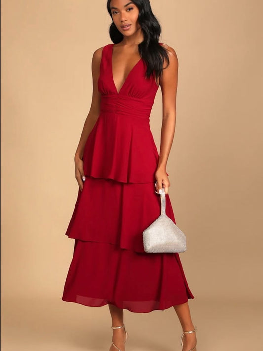 Margot Tiered V-Neck Midi Dress in Red