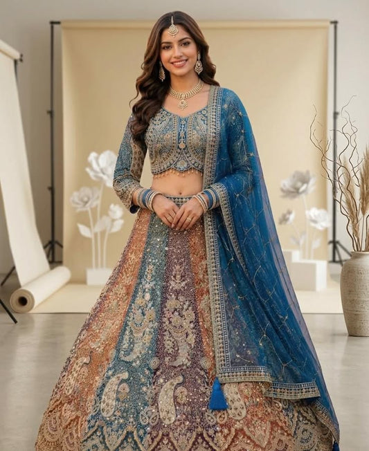 Multicolor Heavy Bridal Lehenga Choli | Coding Sequin Embroidered Butterfly Net | Indian Wedding Reception Outfit