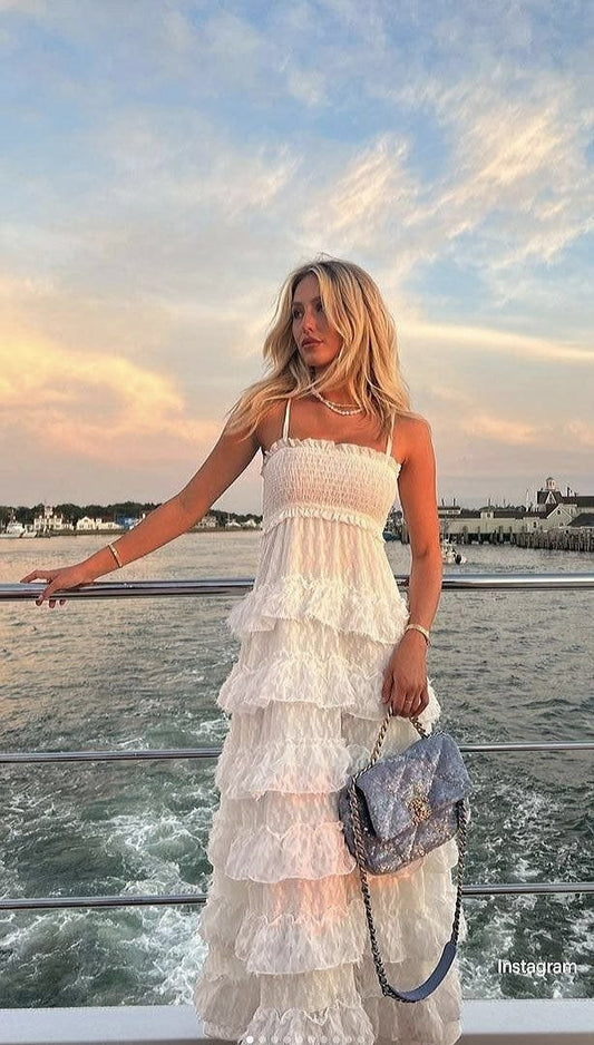 Classy A Line Spaghetti Straps White Lace Long Evening Dress Prom Dresses - Picture Color / US4