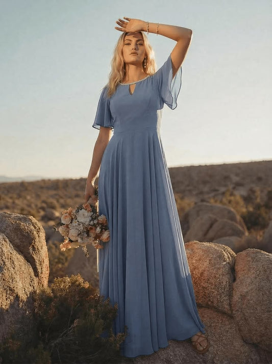 Missacc Slate Blue Bridesmaid A-Line Scoop Neck Short Sleeves Floor-Length Chiffon Bridesmaid Dresses