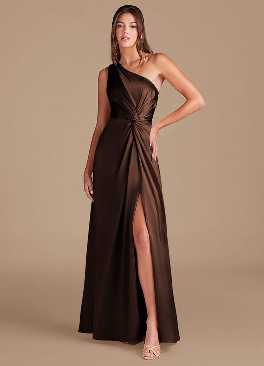 Bridesmaid Dress - Metallic Satin Brown A-Line One-Shoulder Floor-Length Ganache Dress - Azazie Brooke