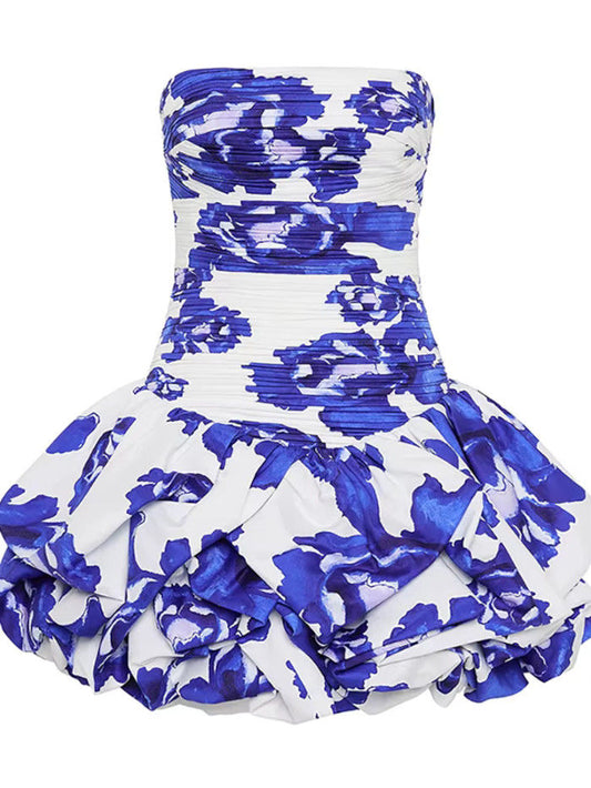 Vivienne Ruched Puff Dress in Floral Blue