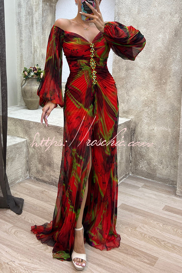 Red Sunset Serenade Printed Off Shoulder Diamond Embellished Pleated Slit Maxi Dress