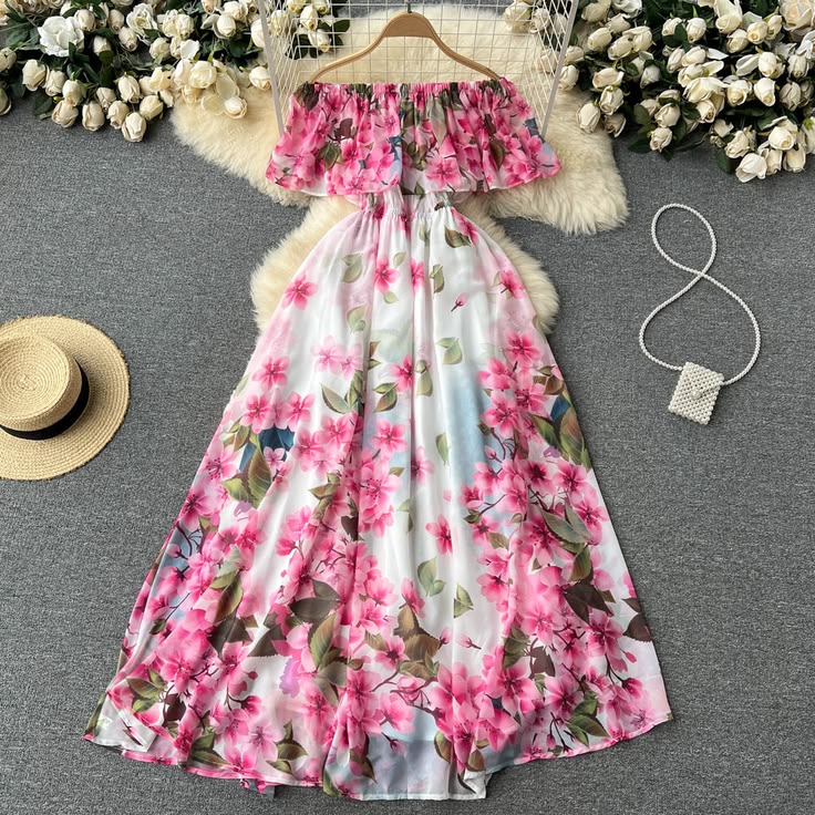 Cute off the shoulder slit floral dress women's dress P112 - AS PHOTO / XL