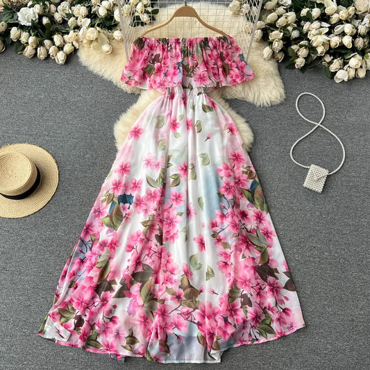 Cute off the shoulder slit floral dress women's dress P112 - AS PHOTO / XL