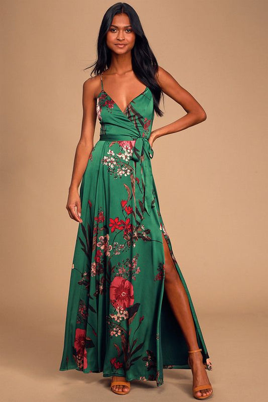Margot Emerald Floral Satin Maxi Dress