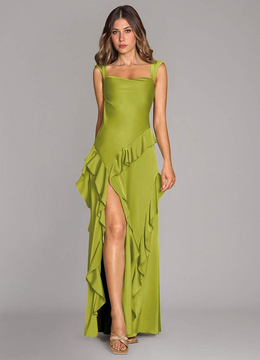 Arabella A-Line Satin Floor-Length Dress in Lemongrass