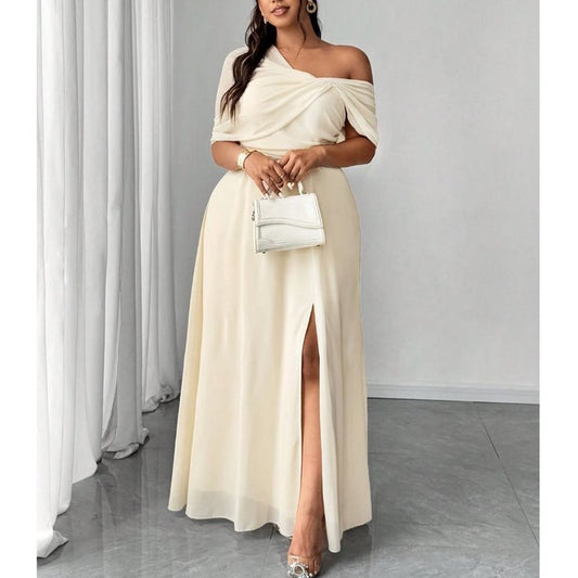 Plus One Shoulder Split Thigh Party Evening Gown Dress | Color: Cream | Size: Various
