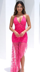Valentina Halter Lace Maxi Dress in Hot Pink