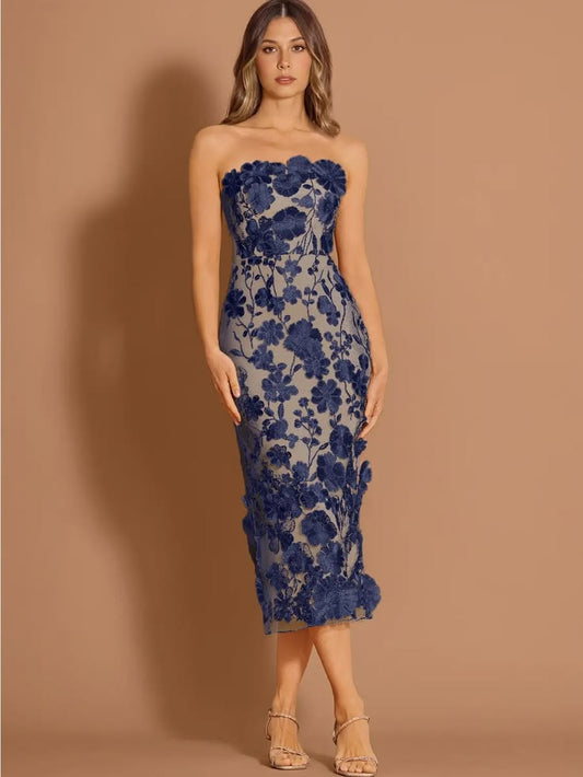 Azazie Dresses | Strapless Della Navy Floral Lace Midi Dress Nwt | Color: Blue/Cream | Size: 20