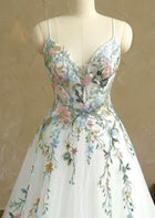 White Prom Dress with Handmade Flowers PL312