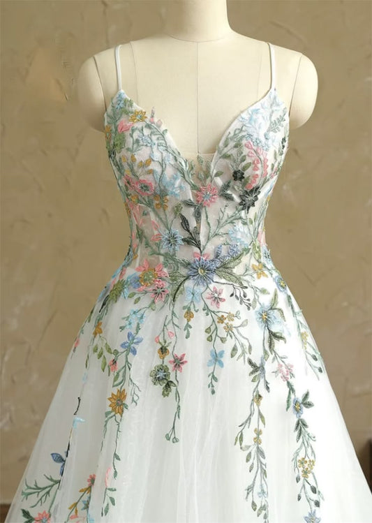 White Prom Dress with Handmade Flowers PL312