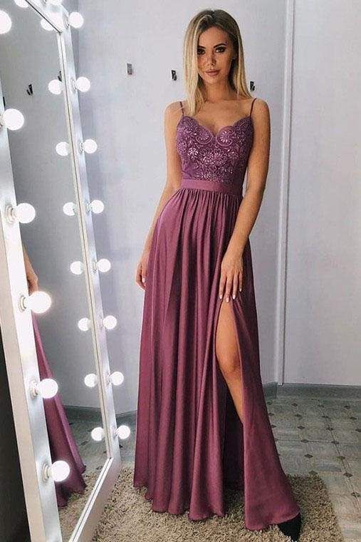 Spaghetti Straps Floor Length Prom with Appliques Beading A Line Long Formal Dress