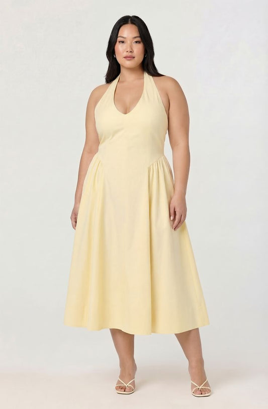 Meana Halter Plunge Midi Dress in Lemon