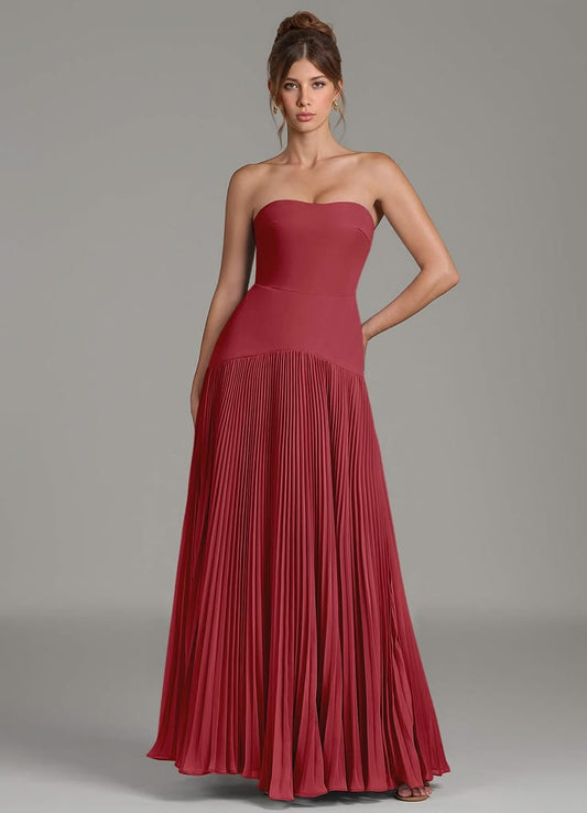 Azazie A-Line Strapless Floor-Length Chiffon Bridesmaid Dresses - Pomegranate