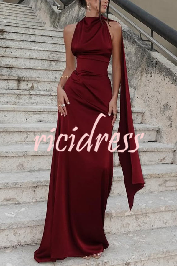 Wine Red Celeste Satin Maxi Dress
