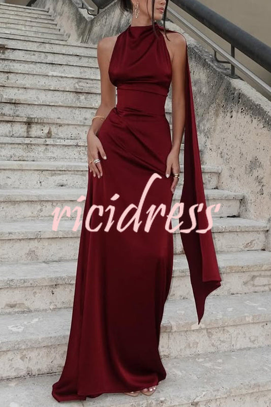Wine Red Celeste Satin Maxi Dress