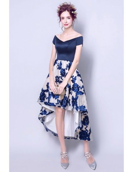 [$98.99] Gorgeous Blue Off Shoulder High Low Party Dress With Flowers Embroidery Wholesale #T69278 - GemGrace.com
