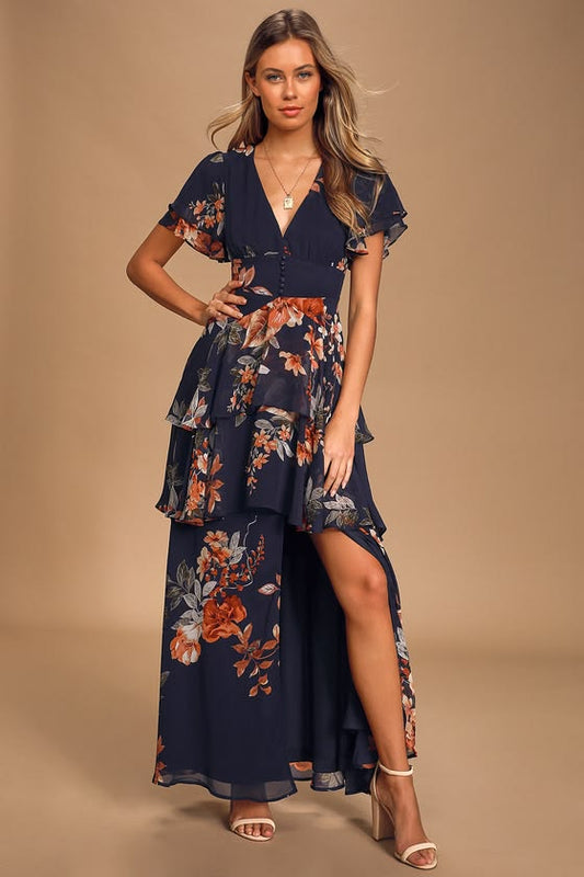 Isla Floral Tiered Maxi Dress in Midnight Navy
