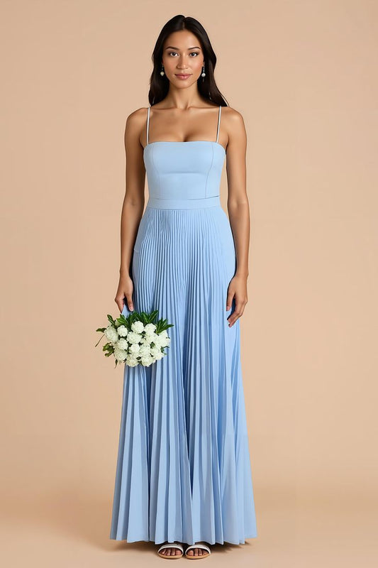 Himmelblaues Plissiertes Maxi Brautjungfernkleid mit Spaghettiträgern in A-Linie