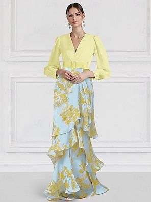 A-Line Evening Gown Elegant Dress Formal Wedding Floor Length Long Sleeve V Neck Chiffon with Floral Print Wedding Guest