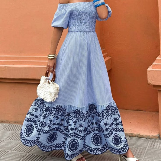 Indigo Boho Off-Shoulder Striped A-Line Dress