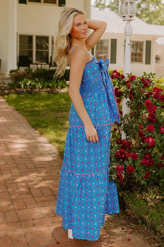 Botanic Bash Front Tie Maxi Dress - L / ocean-blue