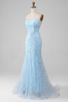Sparkly Light Blue Beaded Mermaid Long Prom Dress - Blue / US4
