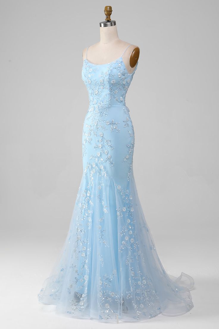 Sparkly Light Blue Beaded Mermaid Long Prom Dress - Blue / US4