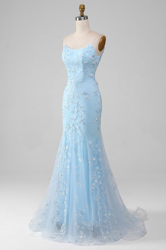 Sparkly Light Blue Beaded Mermaid Long Prom Dress - Blue / US4