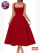 Polyester Spandex Square Neck Swing A Line Midi Dress Formal Evening | Color: Red | Size: Various