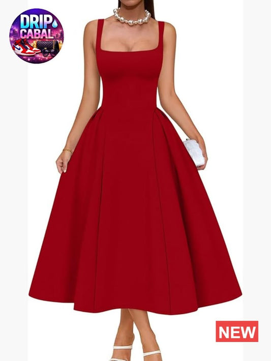 Polyester Spandex Square Neck Swing A Line Midi Dress Formal Evening | Color: Red | Size: Various